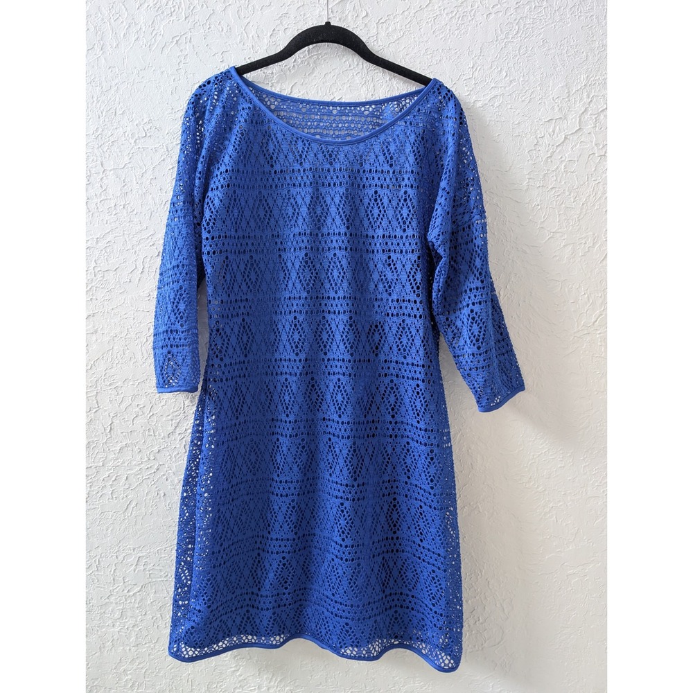Express Crochet Lace Dress Women Large Blue 3/4 Sleeve Geometric Mini w/ Slip